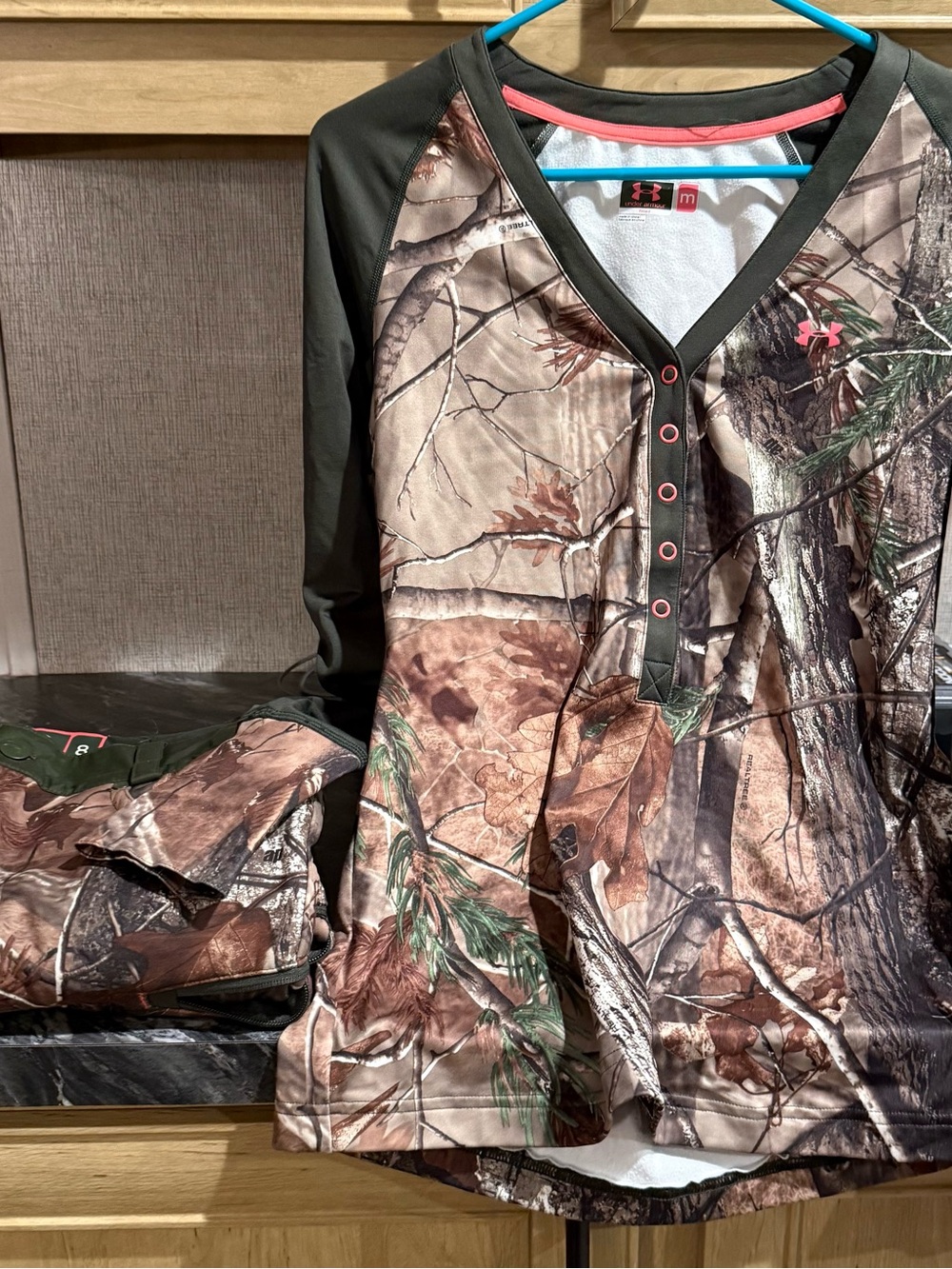 Under Armour Women's Camo Henley in Olive, Brown & Pink Trim